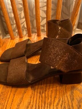 Women’s Brown Glitter Block Heel Sandals with Ankle Strap